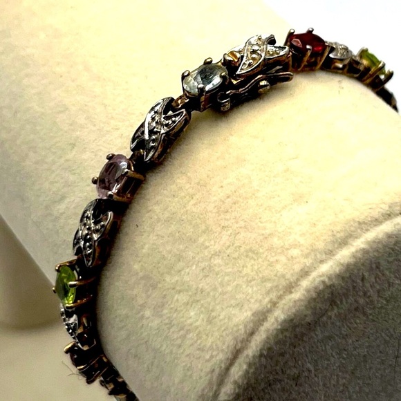Vintage Multi-Stone Sterling Silver Bracelet With X Design & Gemstones    B19 - Picture 9 of 14